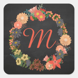 Monogram, Blumenkranz, Square Stickers