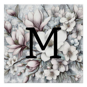 Monogram, blumenzeichnend rosa Magnolien-Blume Poster