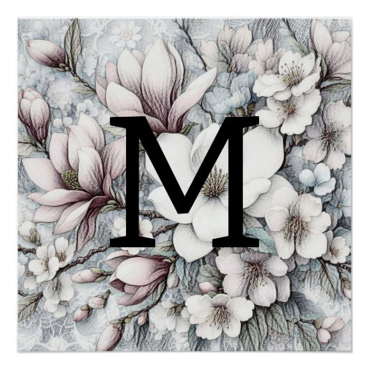 Monogram, blumenzeichnend rosa Magnolien-Blume Poster (Vorderseite)