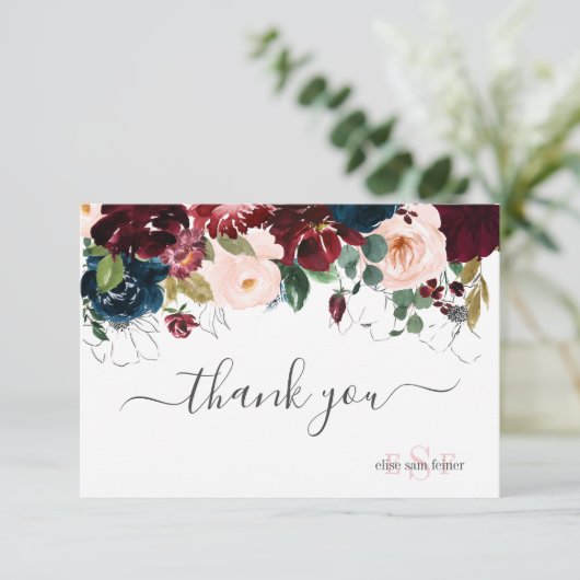 Monogram Blush Burgundy Navy Wasserfarbe Blume Dankeskarte (Stehend Vorderseite)