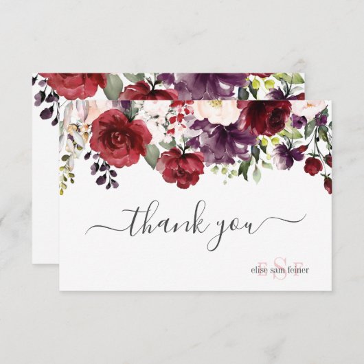 Monogram Blush Burgundy Wasserfarbe Blume Dankeskarte (Vorne/Hinten)