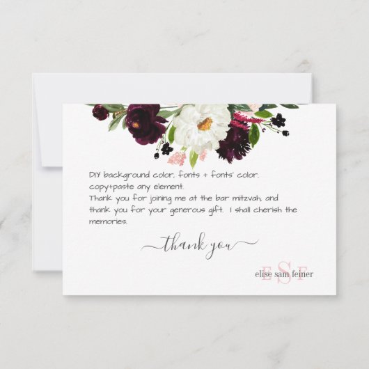 Monogram Blush Burgundy Wasserfarbe Blume Dankeskarte (Rückseite)