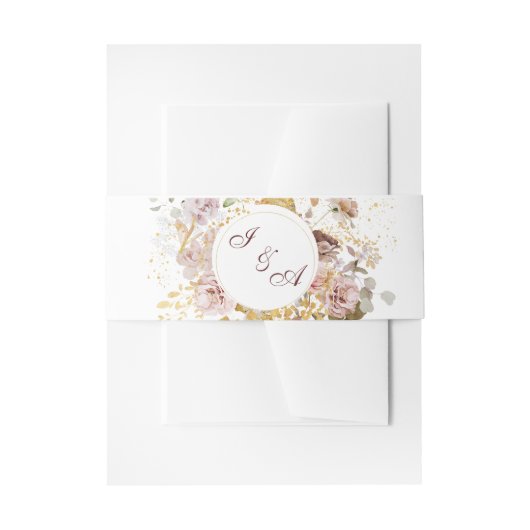 Monogram Blush Peony & Gold Burgundy Bloral Einladungsbanderole (Vorderseite Beispiel)