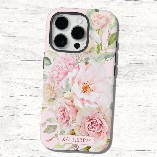 Monogram Blush Pink Aquarell Rose Blume Bloral Case-Mate iPhone Hülle