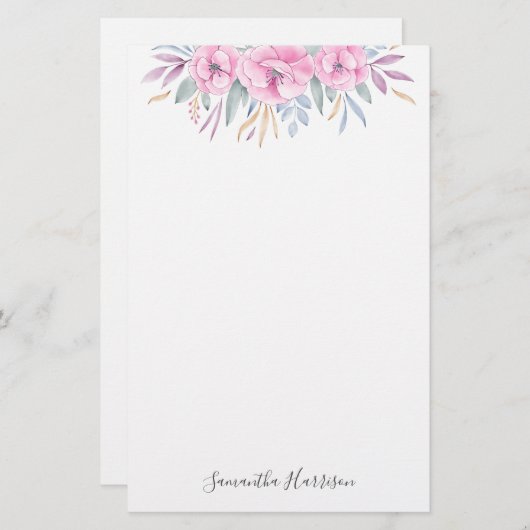 Monogram Blush Pink Blume Aquarell Elegant Briefpapier (Vorne/Hinten)