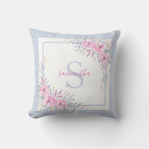 Monogram Blush Pink Blume Aquarell Elegant Kissen