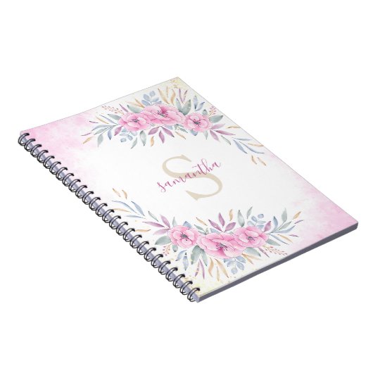 Monogram Blush Pink Blume Aquarell Elegant Notizblock (Rechte Seite)