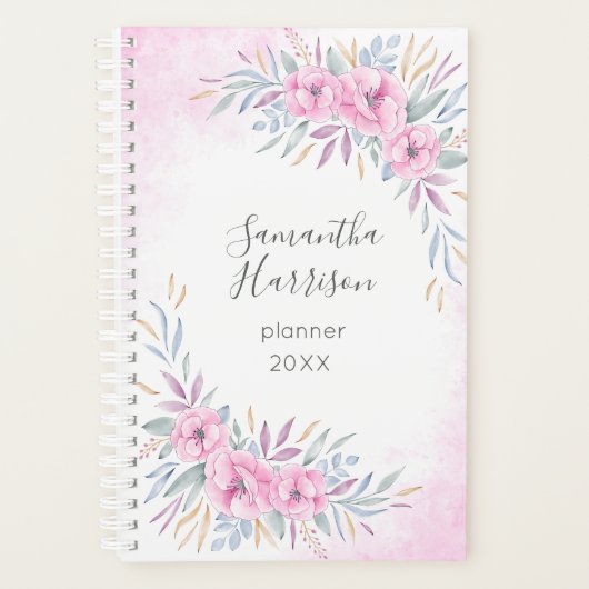 Monogram Blush Pink Blume Aquarell Elegant Planer (Vorderseite)