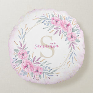Monogram Blush Pink Blume Aquarell Elegant Rundes Kissen