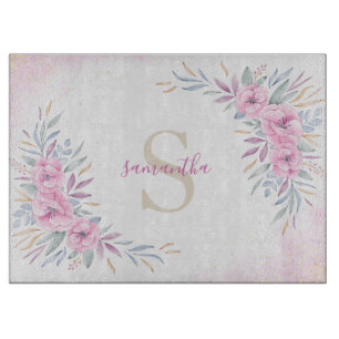 Monogram Blush Pink Blume Aquarell Elegant Schneidebrett