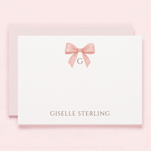 Monogram Blush Pink Bow Watercolor Note Card Einladung