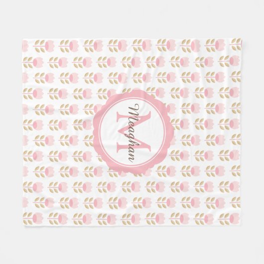 Monogram Blush Pink Floral Pattern Fleecedecke (Vorderseite (Horizontal))