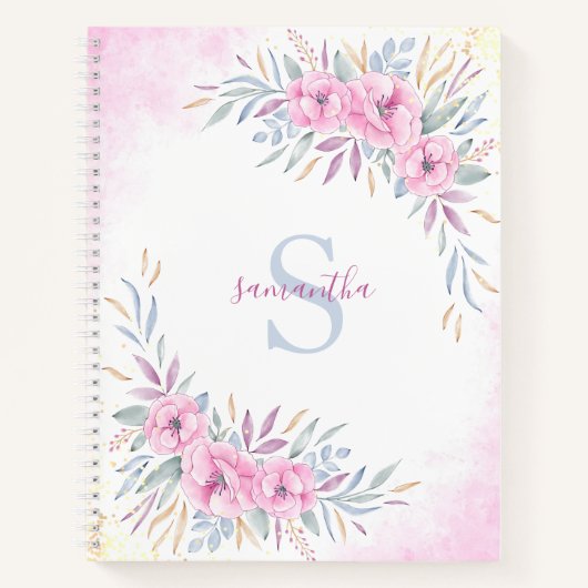 Monogram Blush Pink Floral Watercolor Elegant Notizblock (Vorderseite)