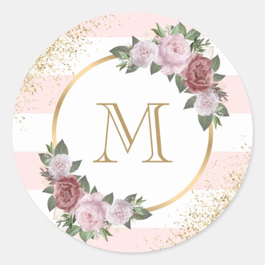 Monogram Blush Pink Gold Confetti Floral Runder Aufkleber (Vorderseite)