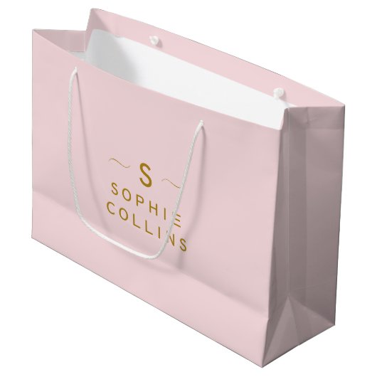 Monogram Blush Pink Gold Minimalistischer Elegante Große Geschenktüte (Vorderseite Schrägansicht)