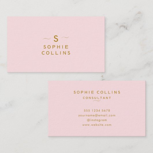 Monogram Blush Pink Gold Minimalistisches Elegant Visitenkarte (Vorne/Hinten)