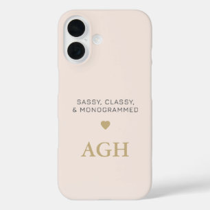 Monogram Blush Pink Gray Typografy Gold Heart iPhone 16 Hülle
