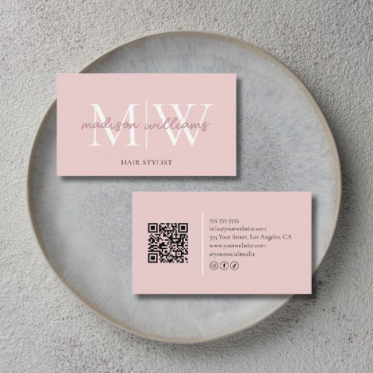 Monogram Blush Pink Hair Stylist QR Code Visitenkarte