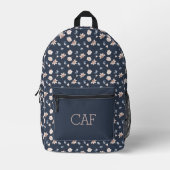 Monogram Blush Pink Navy Blue Floral Blume Bedruckter Rucksack (Vorderseite)
