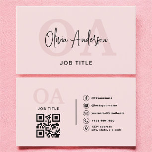 Monogram Blush Pink QR Code Modern Minimalistisch Visitenkarte