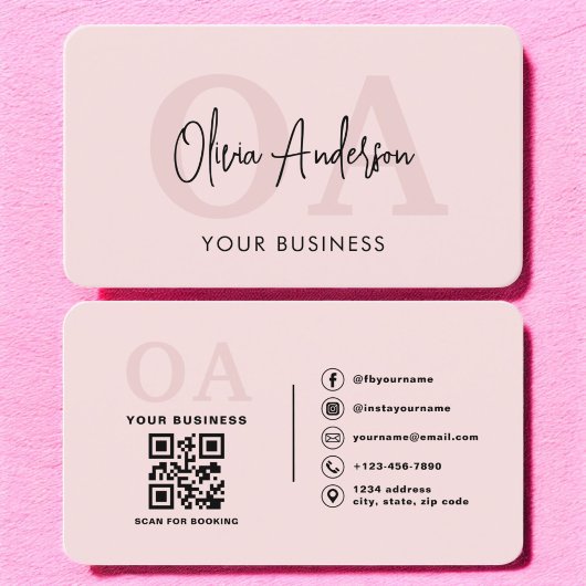 Monogram Blush Pink QR Code Modern Minimalistisch Visitenkarte