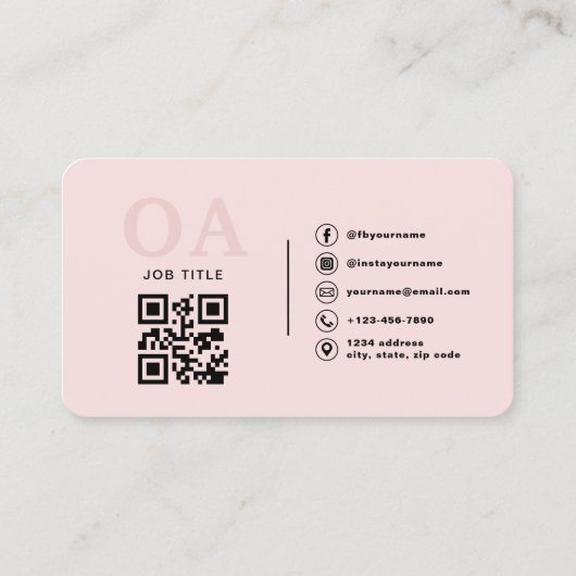 Monogram Blush Pink QR Code Modern Minimalistisch Visitenkarte (Rückseite)