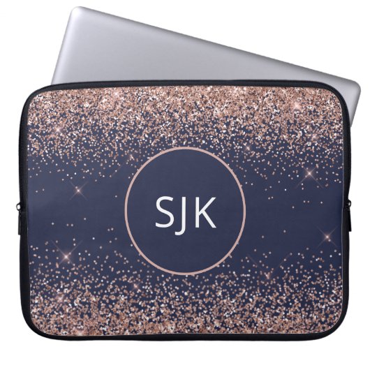Monogram Blush Pink Rose Gold Navy Blue Glitzer Laptopschutzhülle (Vorderseite)