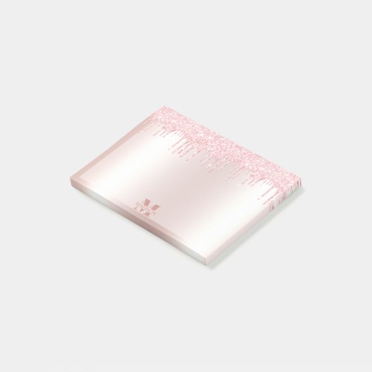 Monogram Blush Rose Gold Dripping Glitzer Metallic Post-it Klebezettel (angewinkelt)
