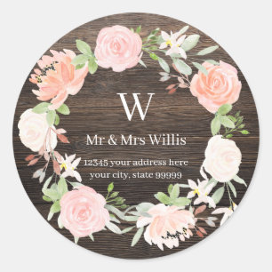 Monogram Blush Rose Holz Rustikale Rücksendeadress Runder Aufkleber