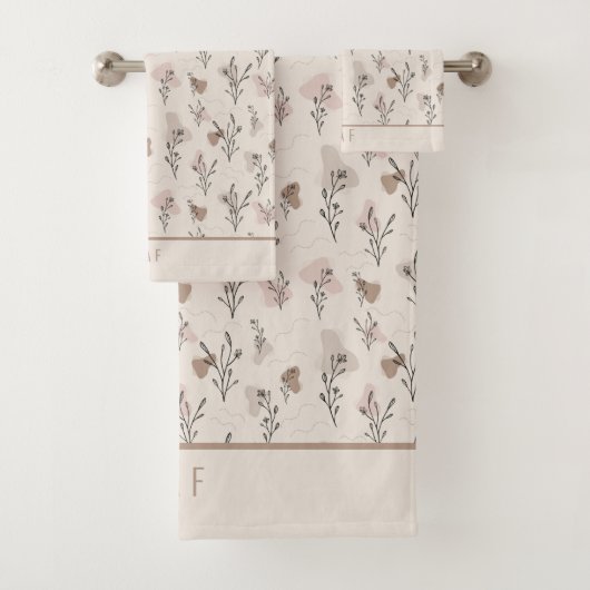 Monogram Boho Beige Creme Brown Pink Botanic Badhandtuch Set (Insitu)