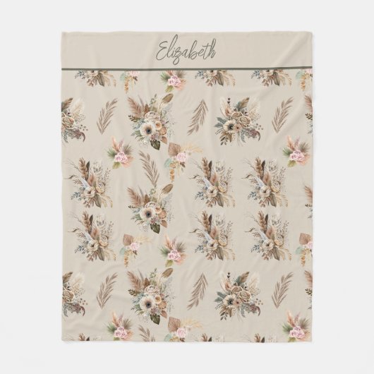 Monogram Boho Beige Green Pink Floral Botanisch Fleecedecke (Vorderseite)