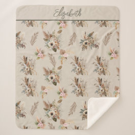 Monogram Boho Beige Green Pink Floral Botanisch Sherpadecke