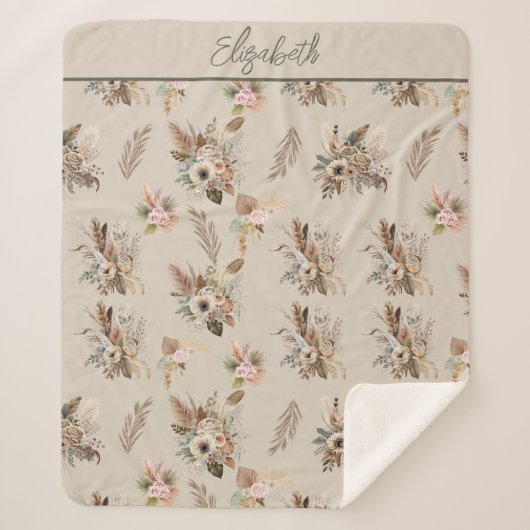 Monogram Boho Beige Green Pink Floral Botanisch Sherpadecke (Vorderseite)