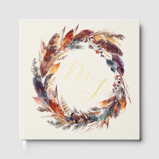 Monogram Boho Feathers Wreath Wedding Gold Foil Gästebuch (Vorderseite)