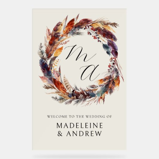 Monogram Boho Feathers Wreath Wedding Welcome Acrylschild (Vorderseite)