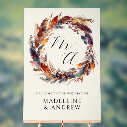 Monogram Boho Feathers Wreath Wedding Welcome Acrylschild (Neutral)