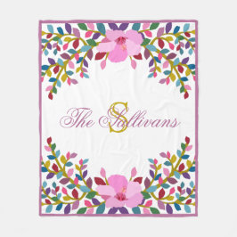 Monogram Boho Foliage Hibiskus Fleece Blanket