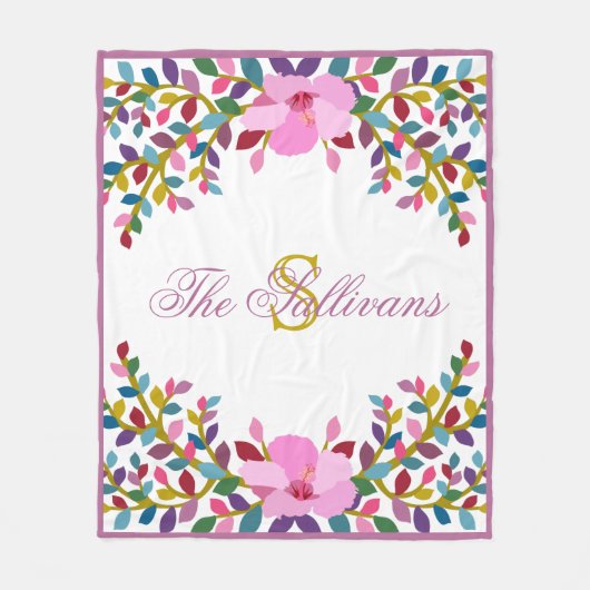 Monogram Boho Foliage Hibiskus Fleece Blanket (Vorderseite)