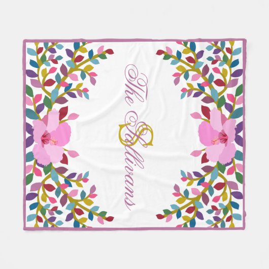 Monogram Boho Foliage Hibiskus Fleece Blanket (Vorderseite (Horizontal))