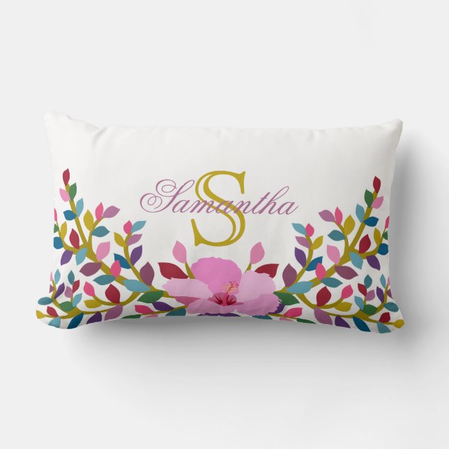 Monogram Boho Foliage Hibiskus Lumbar Pillow Lendenkissen (Vorderseite)