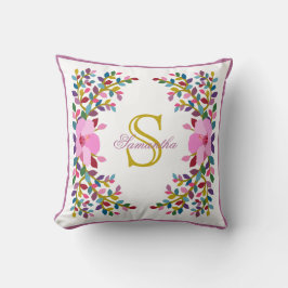 Monogram Boho Foliage Hibiskus Throw Pillow Kissen