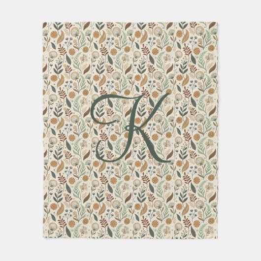 Monogram Boho Leaves Botanical Brown Green Beige Fleecedecke (Vorderseite)