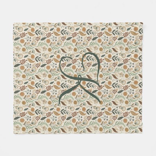 Monogram Boho Leaves Botanical Brown Green Beige Fleecedecke (Vorderseite (Horizontal))