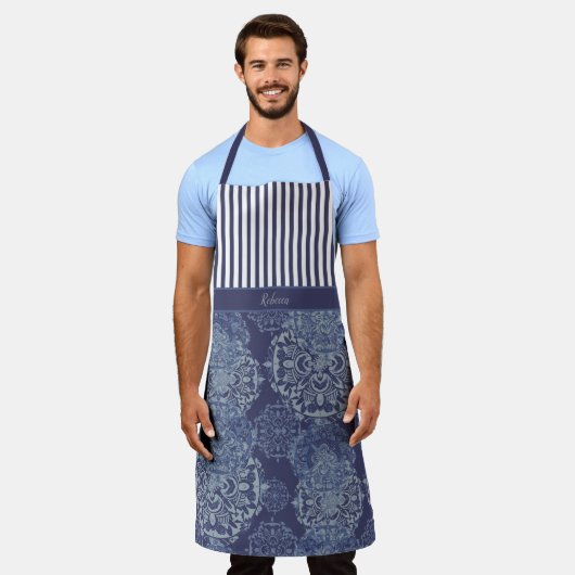 Monogram Boho Moody Denim Blue Mandalases & Stripe Schürze (Getragen)