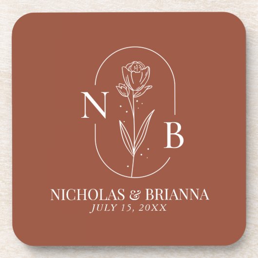 Monogram Boho Terracotta Burnt Orange Wedding Getränkeuntersetzer (Vorderseite)