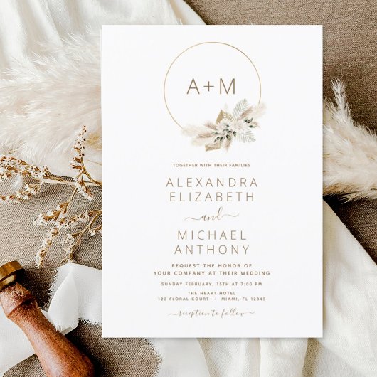 Monogram Boho Tropical Pampas Grass Wedding Invita Einladung