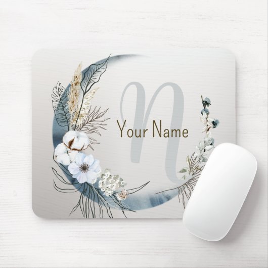Monogram Boho White Orchid Blume Blue Moon Mousepad (Mit Mouse)