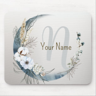 Monogram Boho White Orchid Blume Blue Moon Mousepad