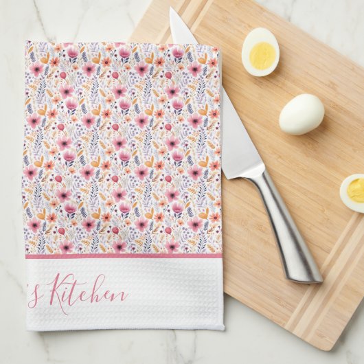 Monogram Boho Wildblume Rosa Lila Orange Beige Geschirrtuch (Viertel Falte)