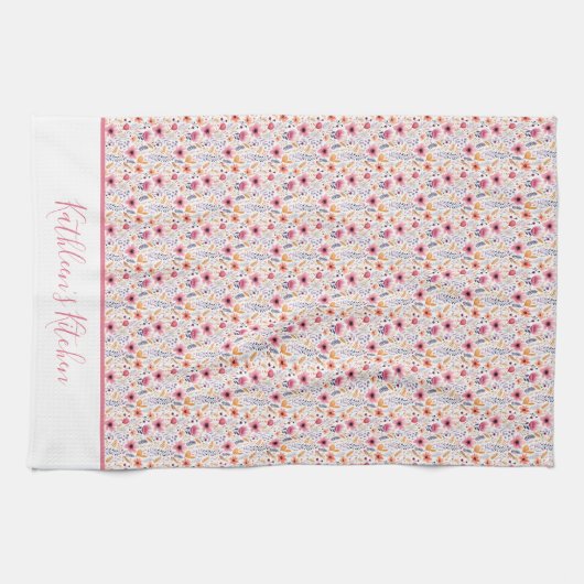 Monogram Boho Wildblume Rosa Lila Orange Beige Geschirrtuch (Horizontal)